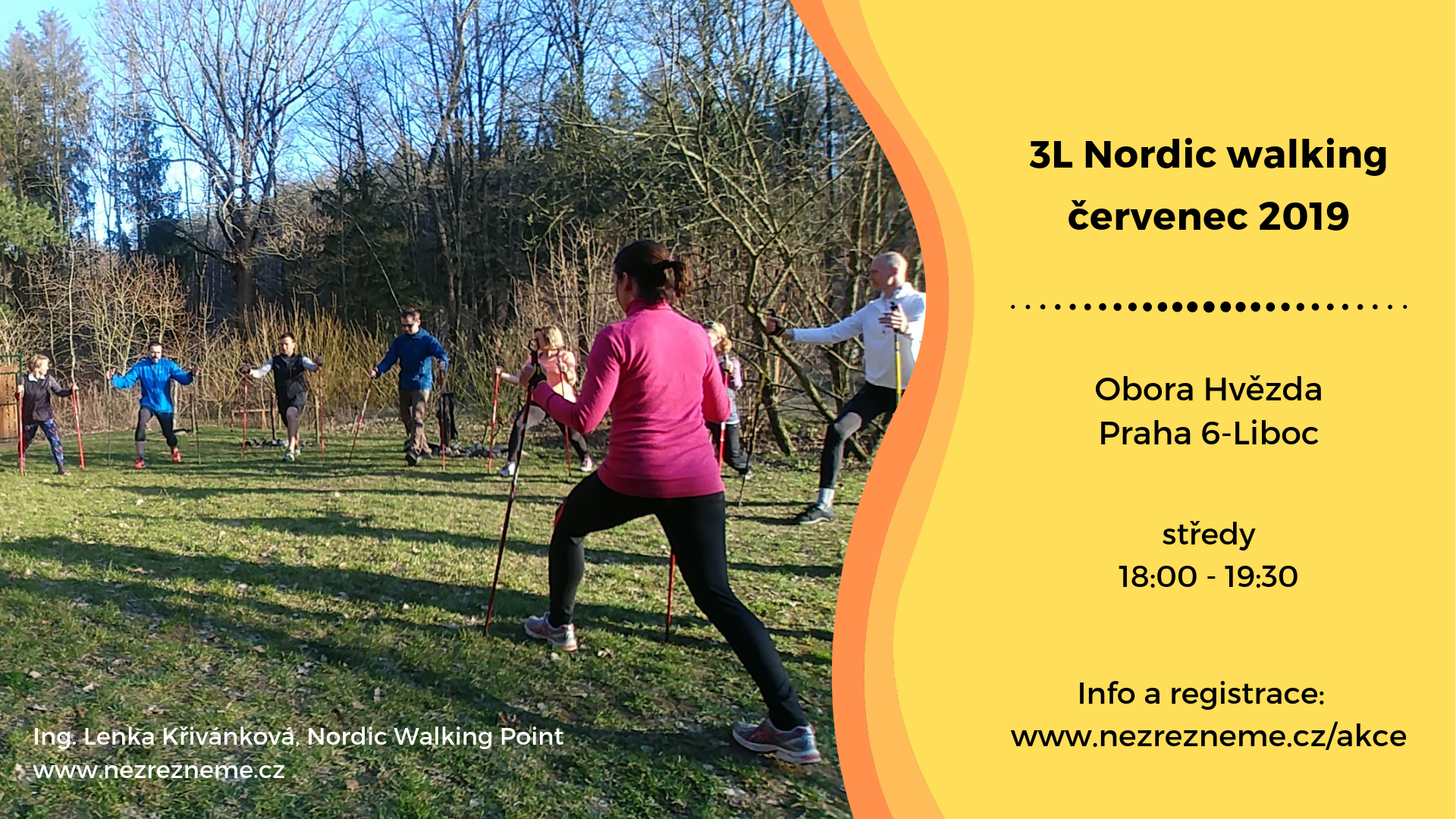 Podvečerní lekce nordic walking, Obora Hvězda, červenec 2019 - Lenka Křivánková, Nezrezneme.cz