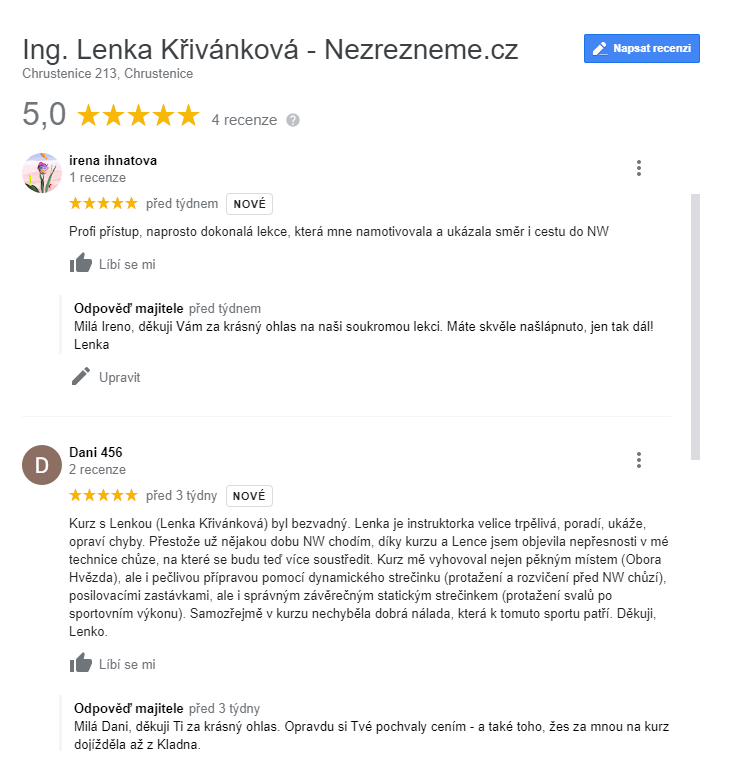Vašich hodnocení si opravdu cením! Můžete mi je psát na Facebook, LinkedIn, Google i e-mailem. Lenka Křivánková, Nezrezneme.cz