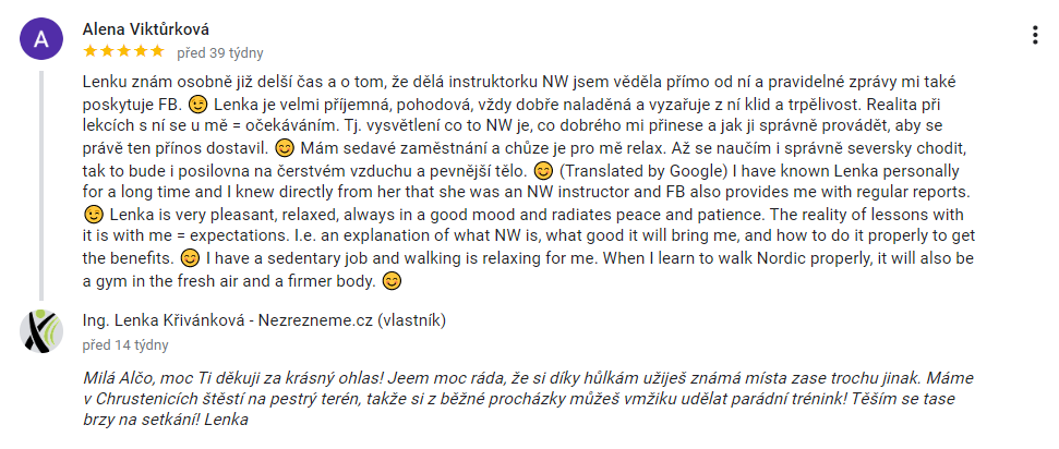 Reference - individuální lekce nordic walking z profilu Nezrezneme.cz na Google Business, Lenka Křivánková