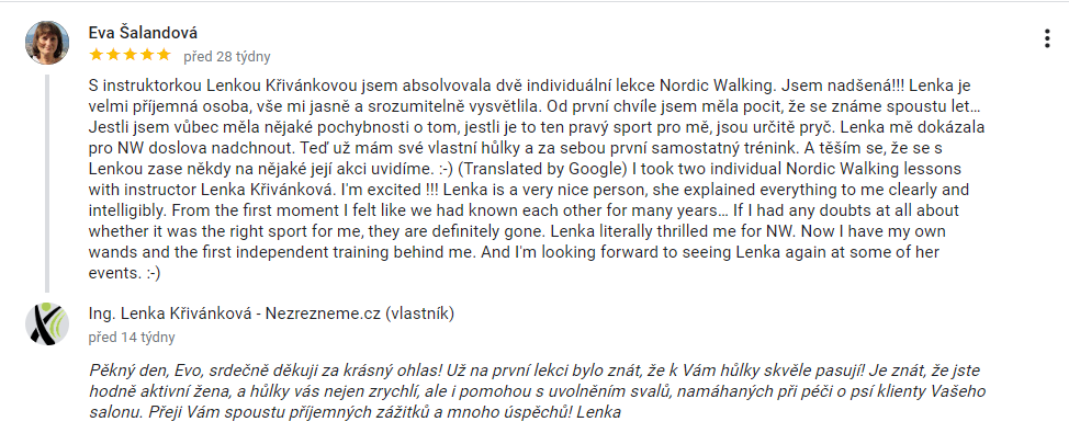 Reference - individuální lekce nordic walking z profilu Nezrezneme.cz na Google Business, Lenka Křivánková