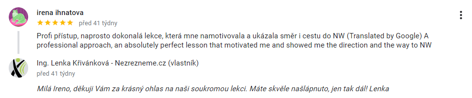 Reference - individuální lekce nordic walking z profilu Nezrezneme.cz na Google Business, Lenka Křivánková